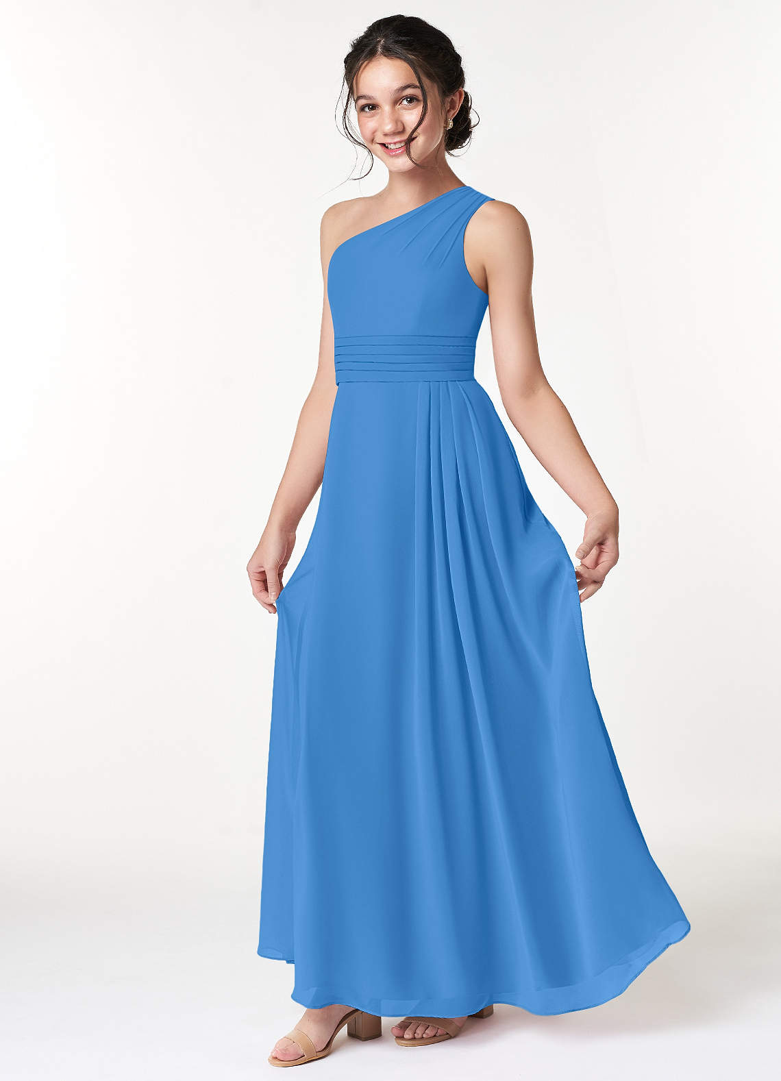 Azazie Cleo Junior Blue Jay A-Line Pleated Chiffon Dress image1