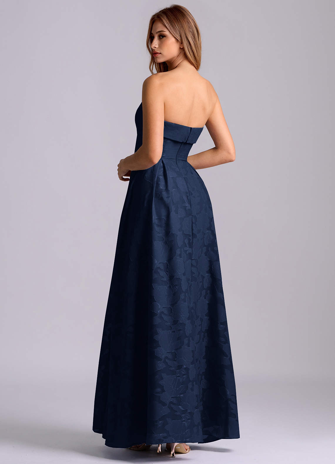 Azazie Lucienne Bridesmaid Dresses Dark Navy A-Line Strapless Floral Burnout Dress image1