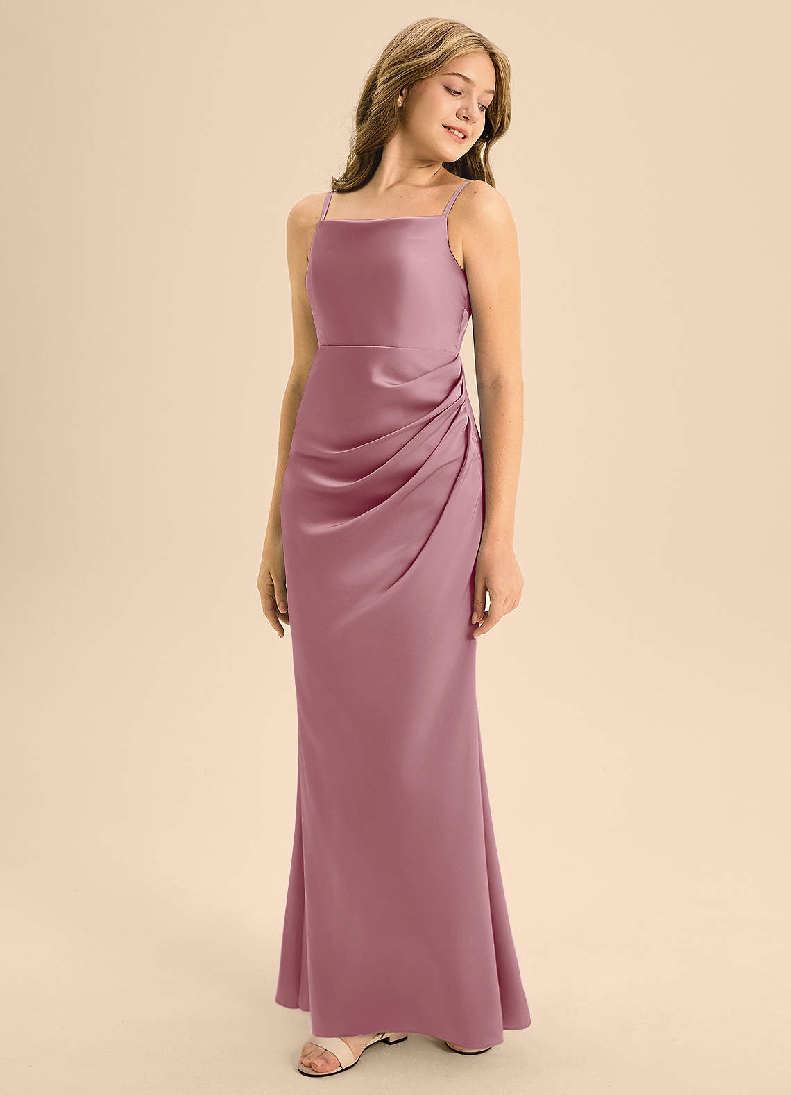 Azazie Renna Junior Vestido de Malva Vintage de Satén Elástico de Corte en A con Plisado image4