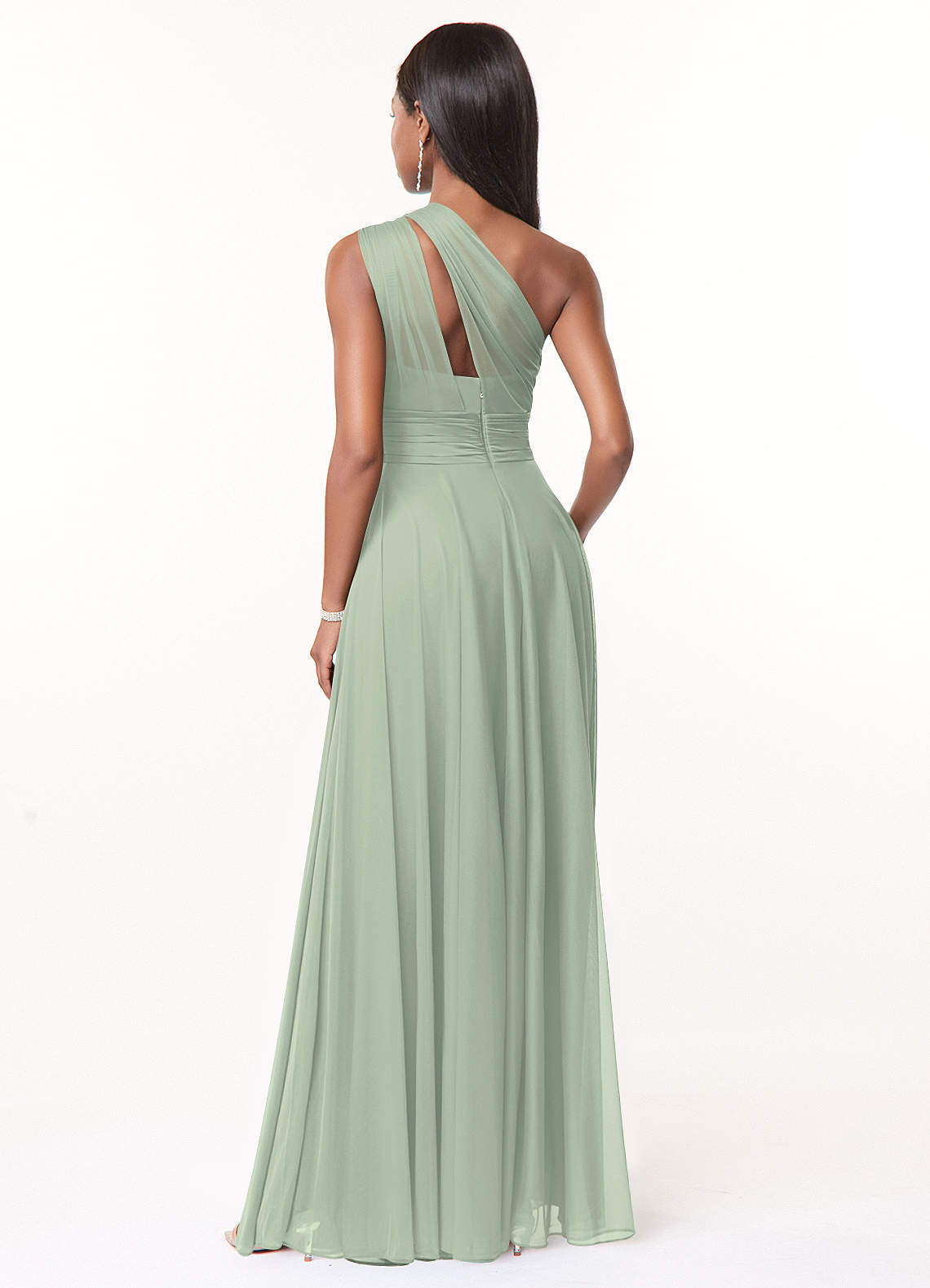 Azazie Charlize Vestidos de damas de honor Vestido de Salvia Polvorienta de Malla de Corte en A con Hombro unilateral image1