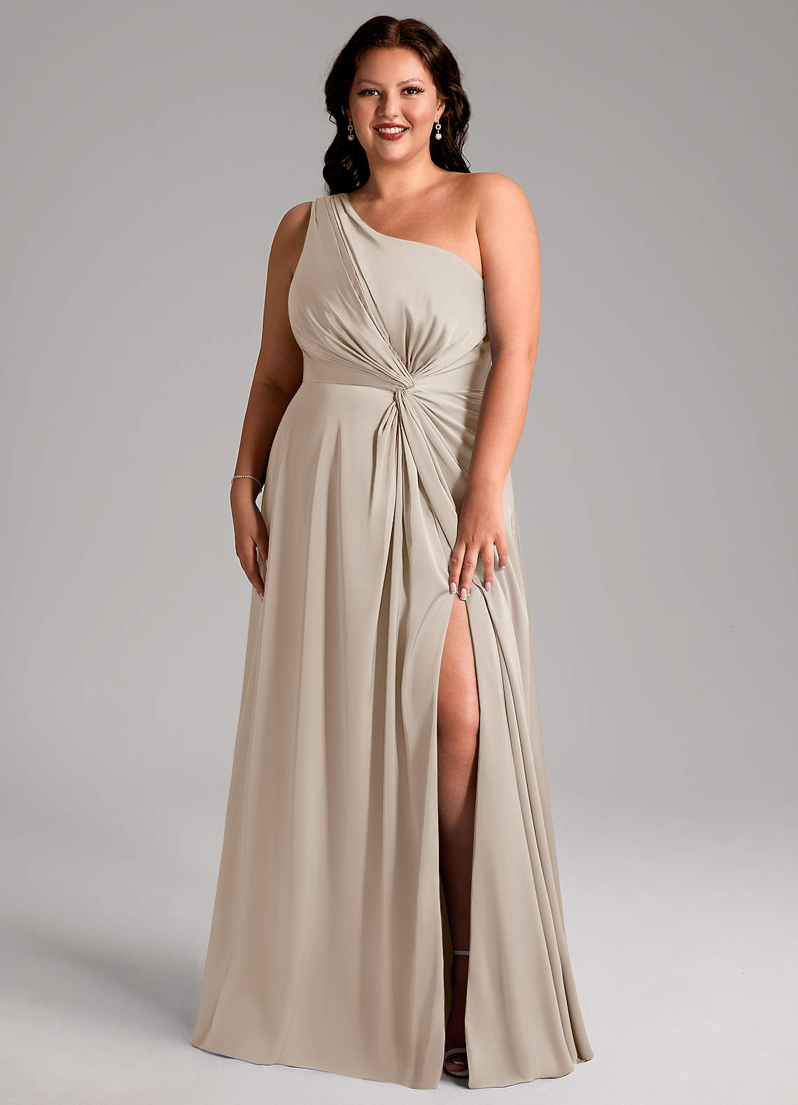Azazie Brooke Bridesmaid Dresses Frost A-Line One Shoulder Stretch Satin Dress image1