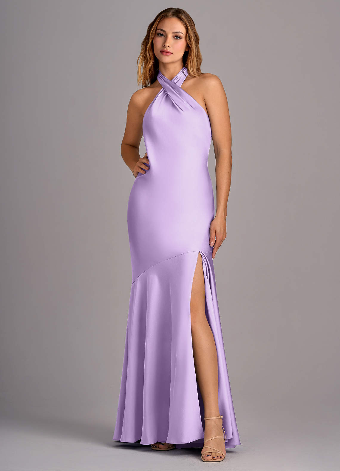 Azazie Lorena Bridesmaid Dresses Lilac Mermaid Pleated Stretch Satin Dress image1