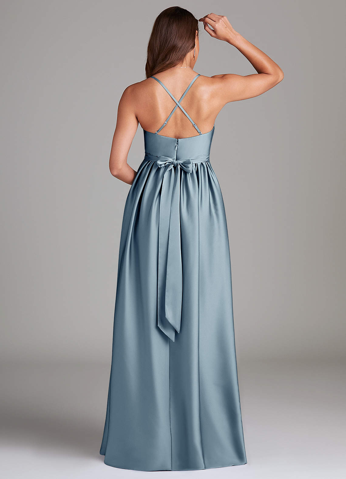 Azazie Llana At-home Try On Dresses A-Line Stretch Satin Floor-Length Dress with Pockets image1