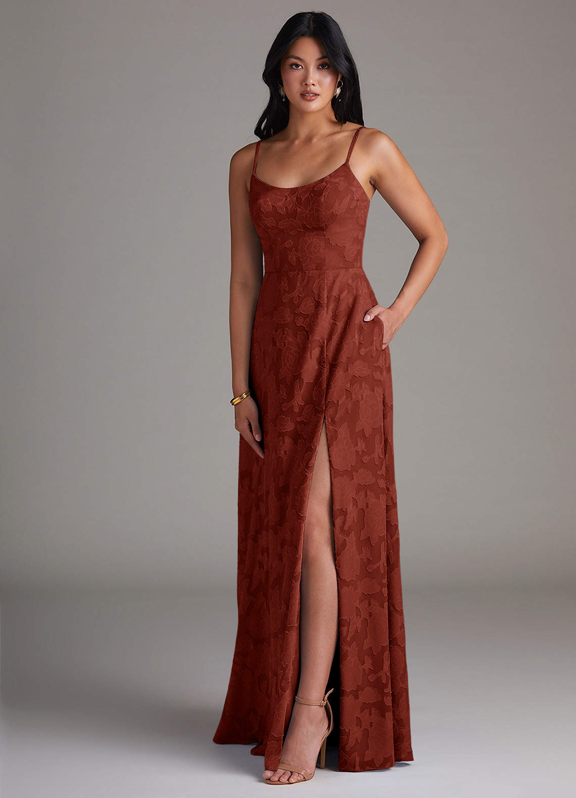 Azazie Moira Robes de demoiselle d'honneur Robe Trapèze en Blumen-Burnout Fente Latérale Terracotta image2