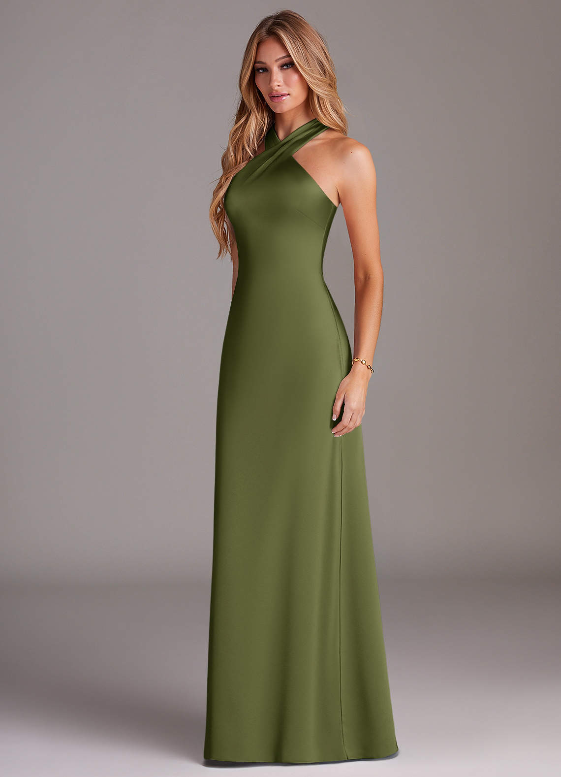 Azazie Doretta Bridesmaid Dresses Olive Mermaid Pleated Stretch Satin Dress image3
