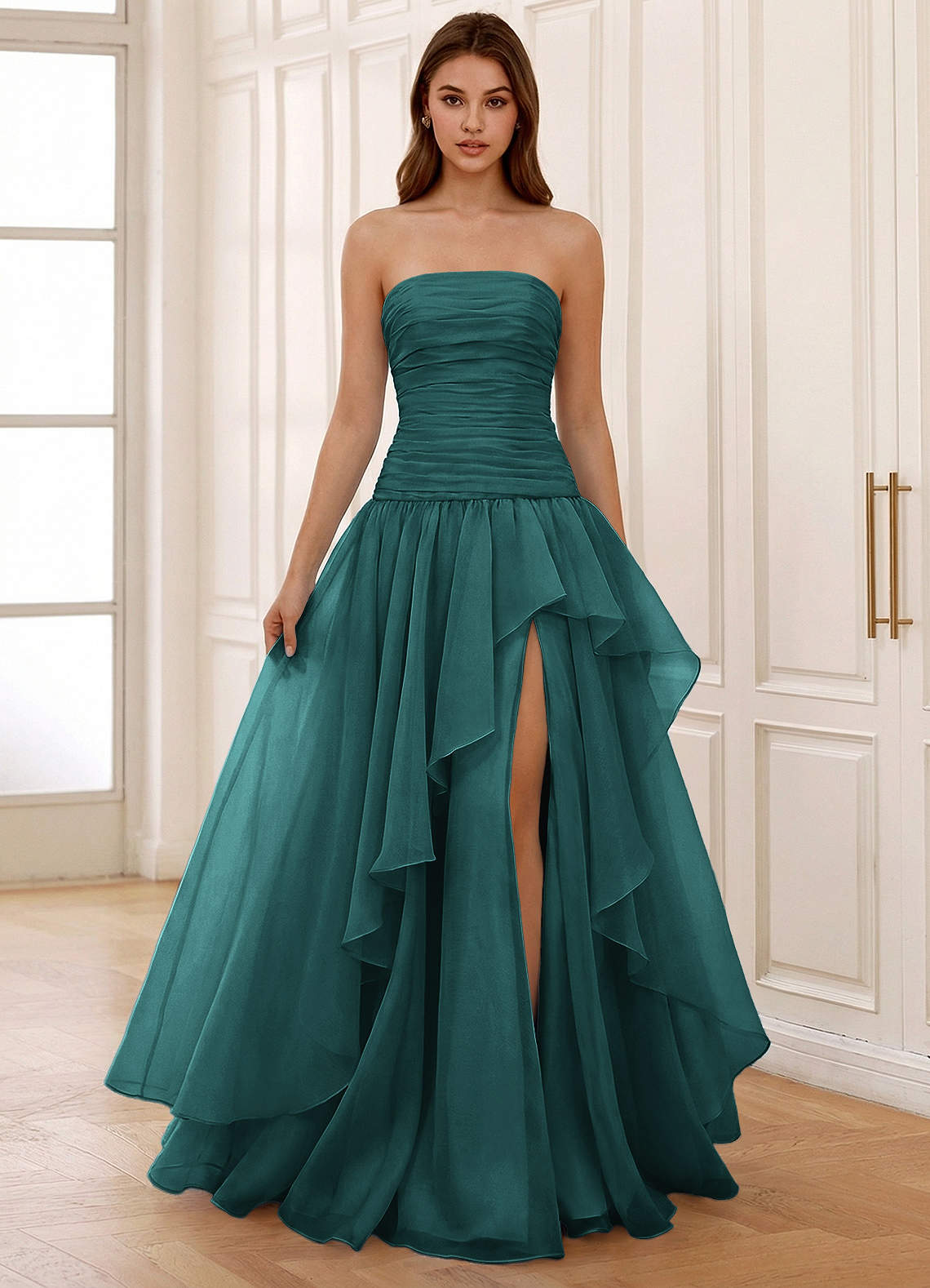 prom dress peacock Sparkly Sheath Peacock Sequins V Neck Long Prom Dresses