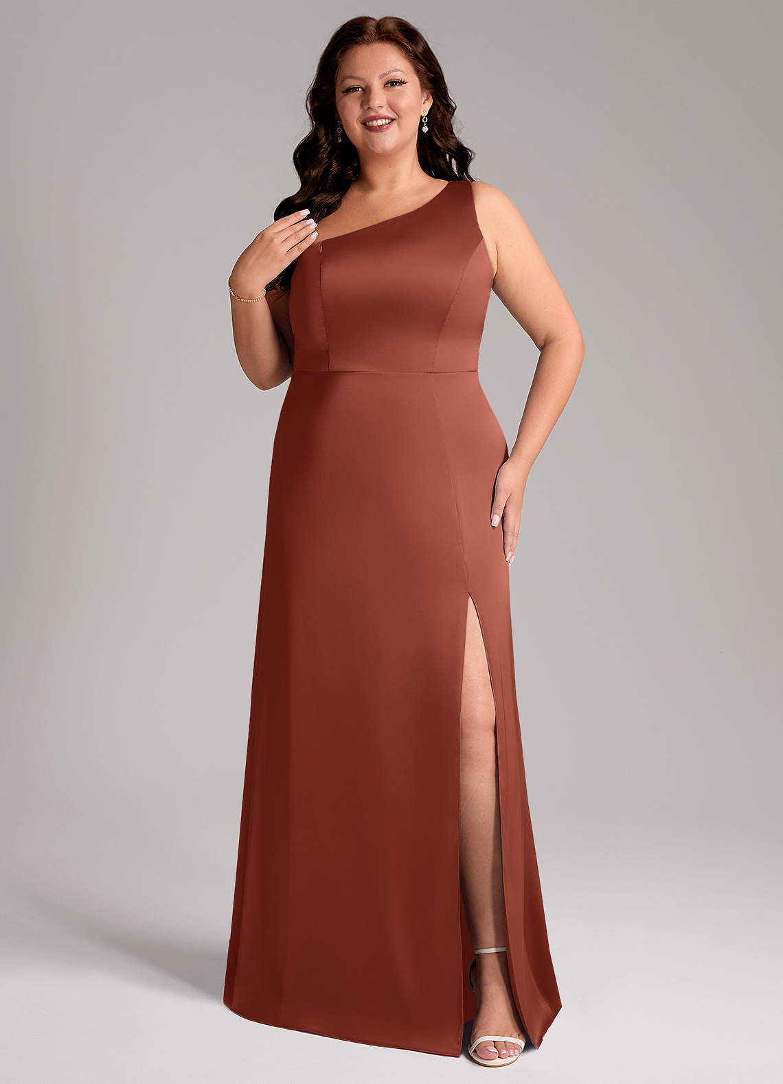 Azazie Phaedra Bridesmaid Dresses Auburn A-Line One Shoulder Stretch Satin Dress image1