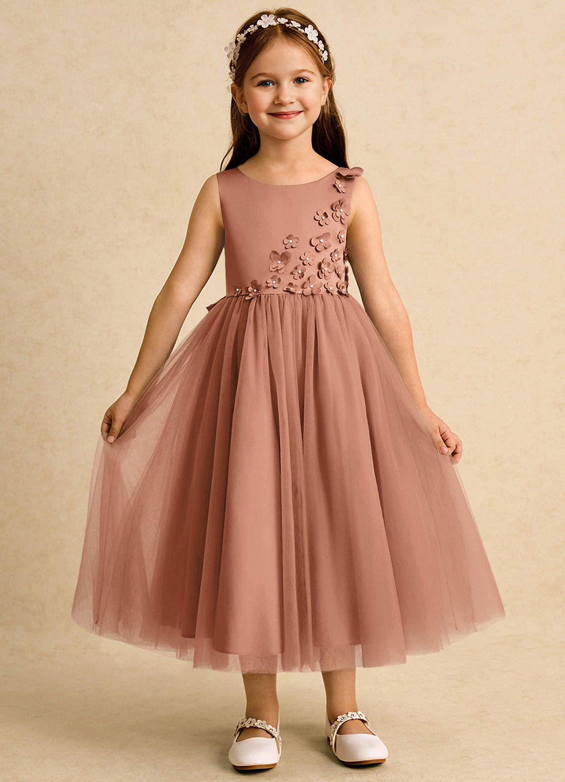 Azazie Malva Flower Girl Dresses Bronzer Ball-Gown Bow Tulle Dress image1