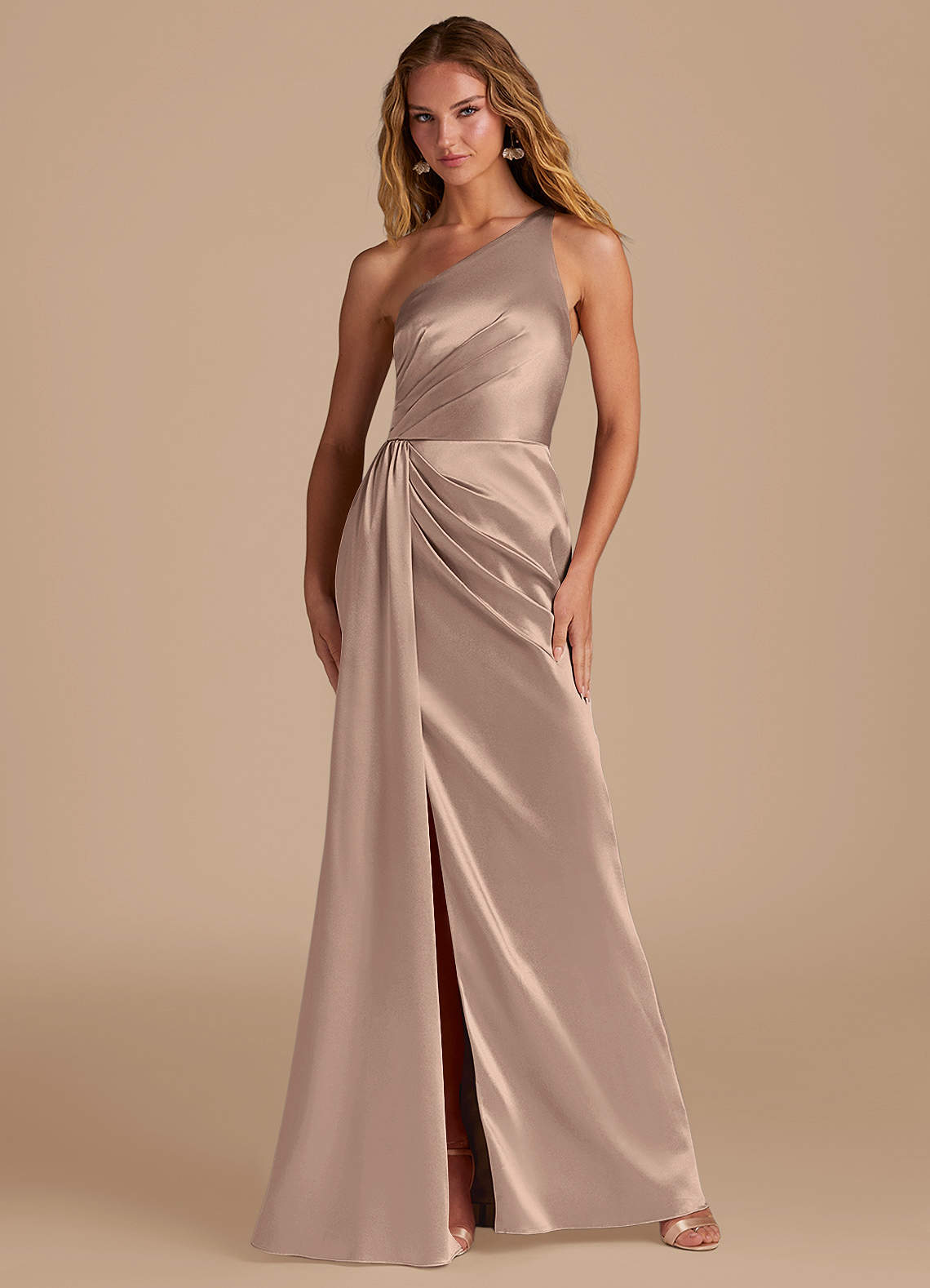 Azazie Mika Bridesmaid Dresses Taupe Sheath One Shoulder Metallic Satin Dress image1