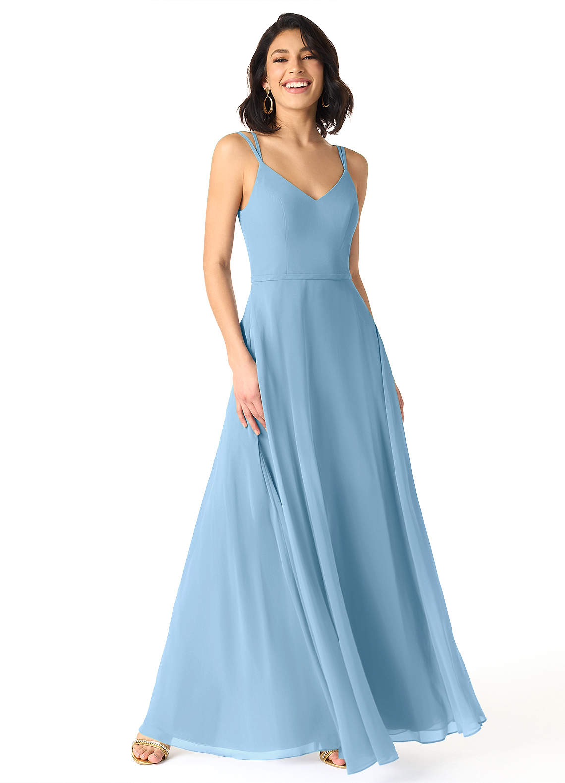 Azazie A-Line V-Neck Floor-Length Chiffon Bridesmaid Dresses - Steel Blue