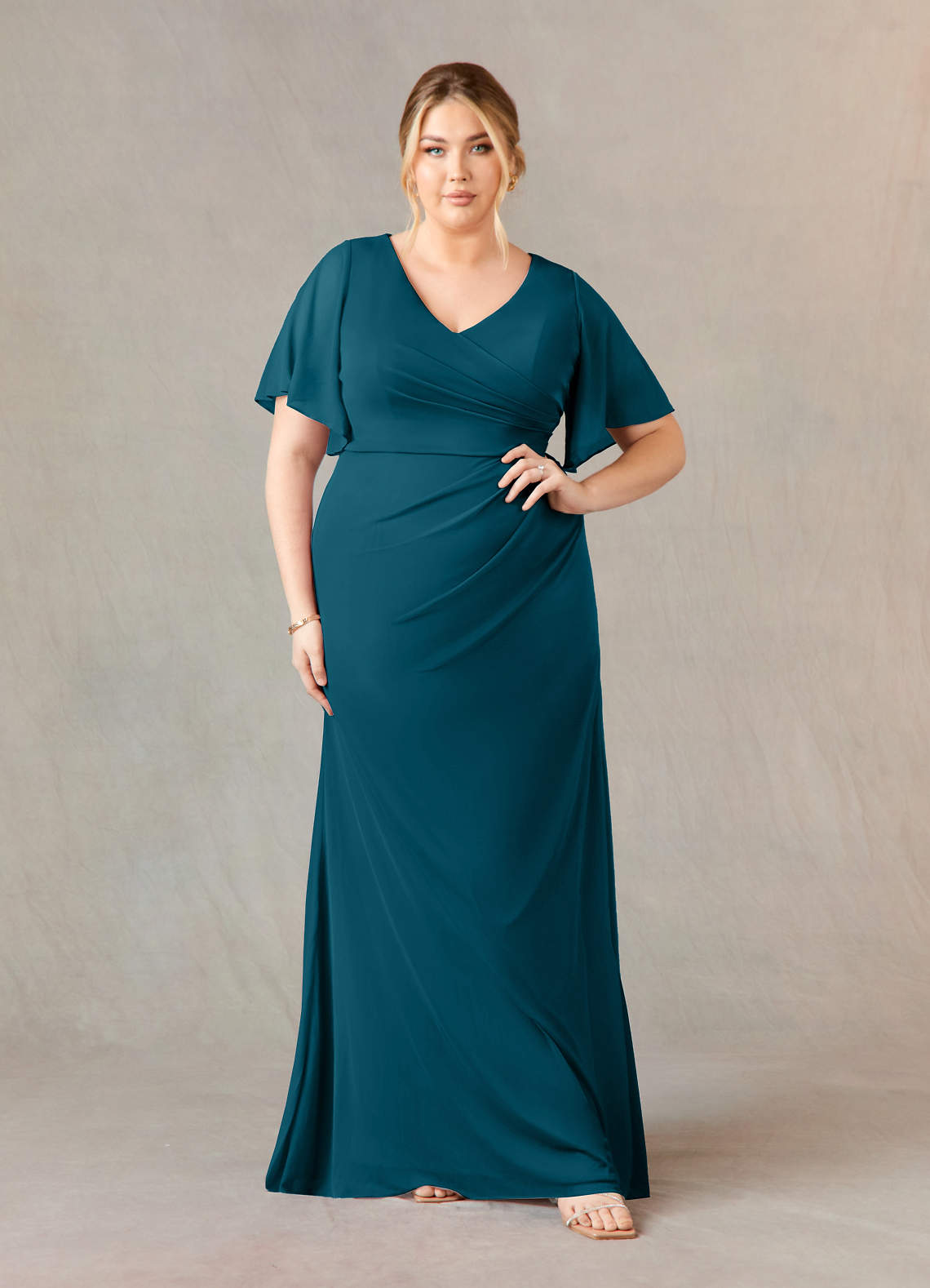 Azazie Selah Final Sale Agave A-Line V-Neck ruched Mesh Dress image1