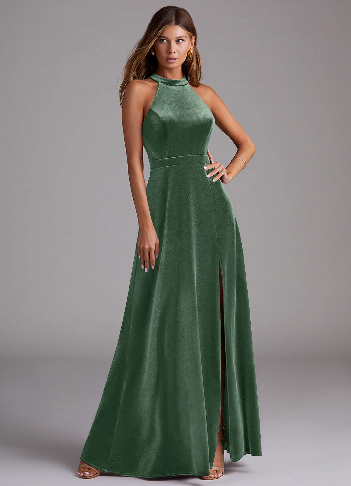 Azazie Clarice Bridesmaid Dresses Eucalyptus A-Line Side Slit Velvet Dress image1