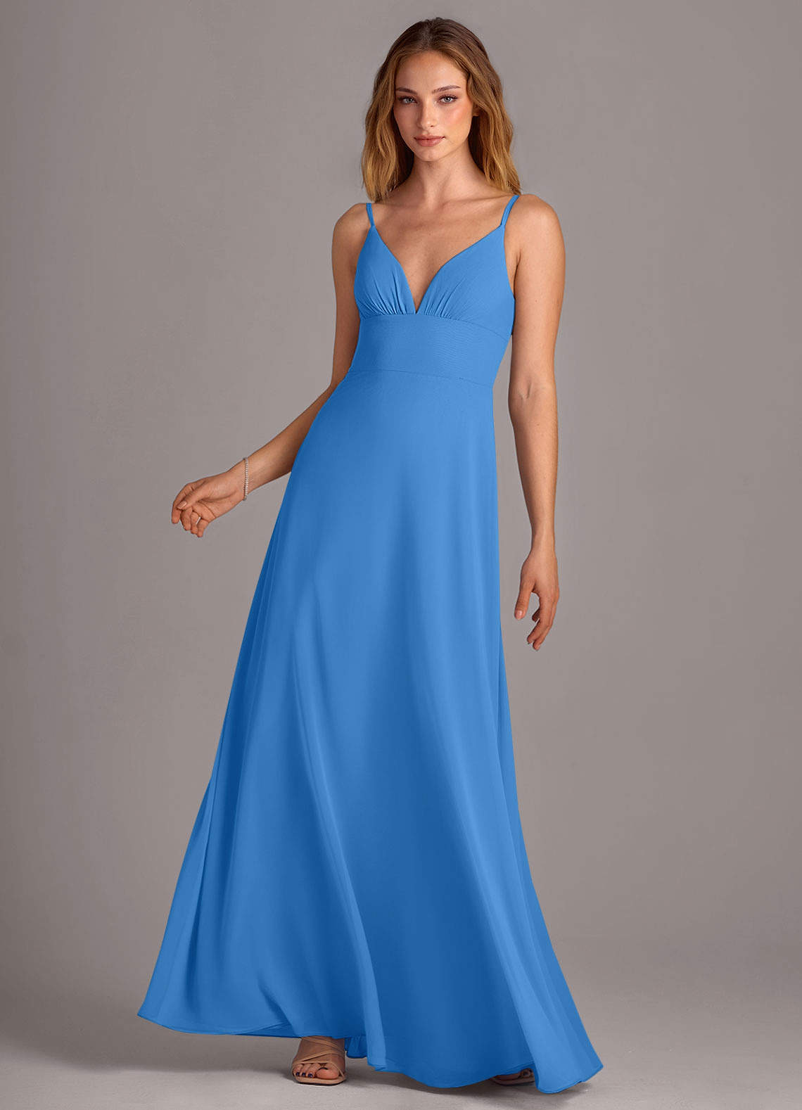Azazie Amina Robes de demoiselle d'honneur Robe Trapèze en Mousseline de soie Geai Bleu image1