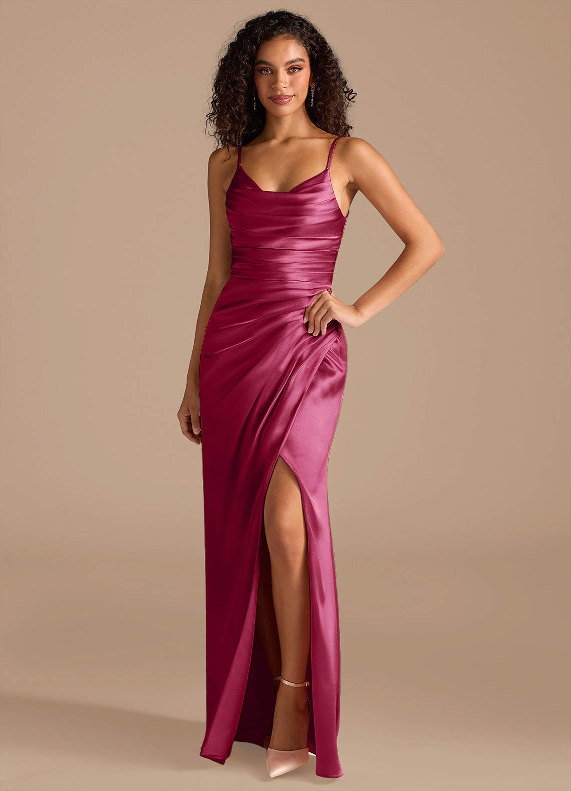 Azazie Deandra Bridesmaid Dresses Burgundy Mermaid Pleated Metallic Satin Dress image1