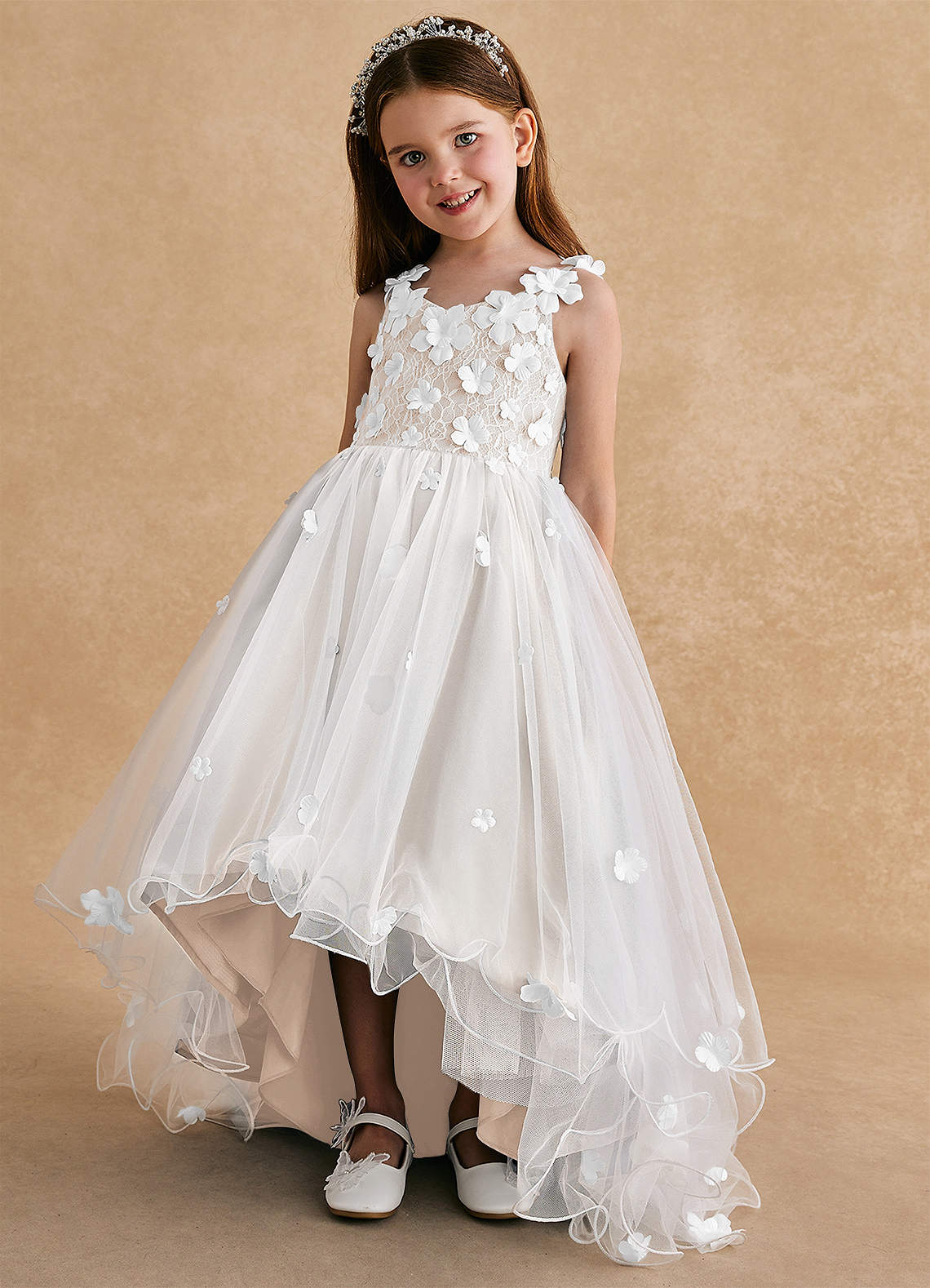 Azazie Celia Flower Girl Dresses White Alabaster A-Line Lace Tulle Dress image4