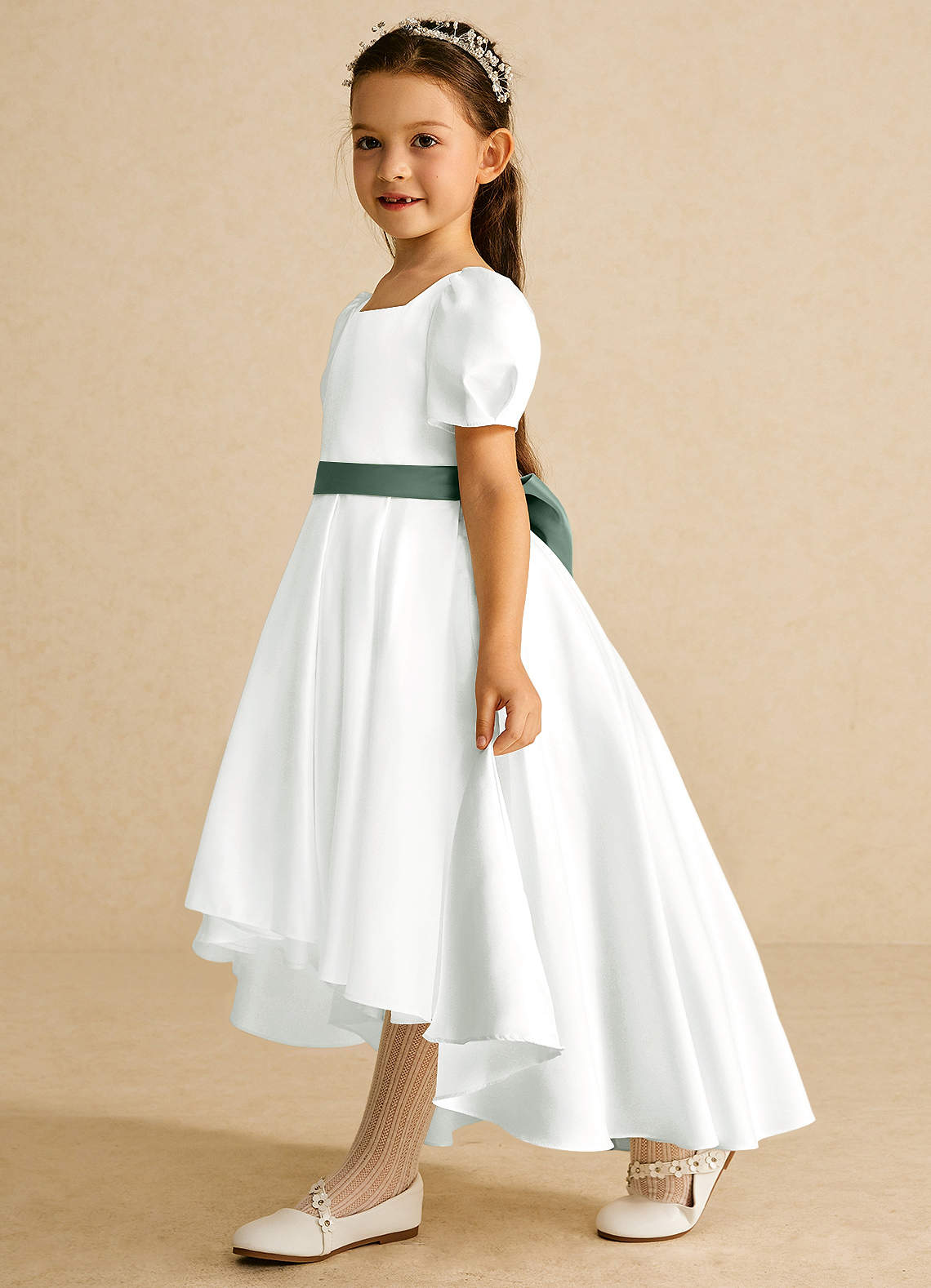 Azazie Zippy Flower Girl Dresses Ivory Eucalyptus A-Line with Sleeves Matte Satin Dress image1