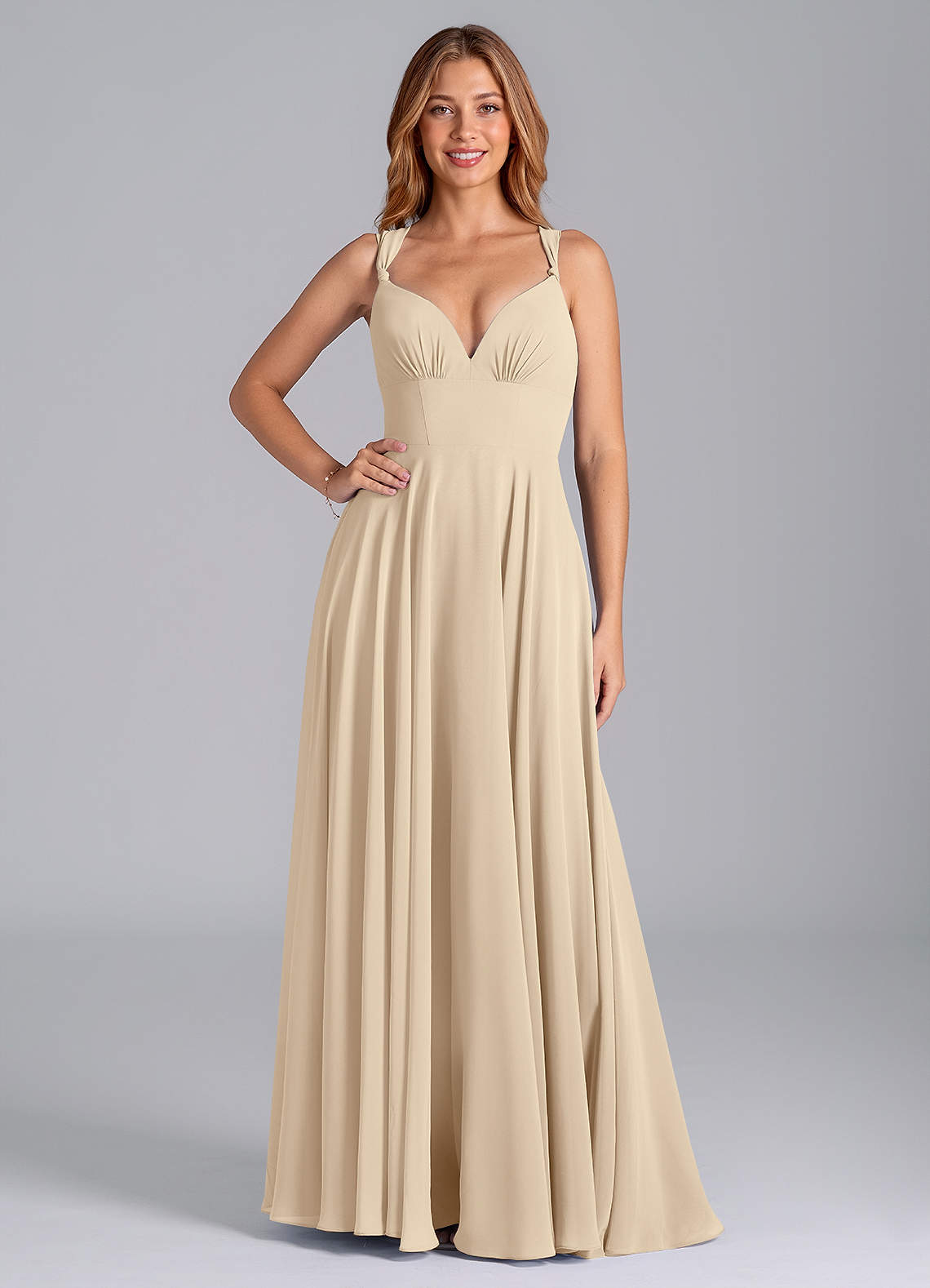 Azazie Darana Bridesmaid Dresses Champagne A-Line Corset Chiffon Dress image1