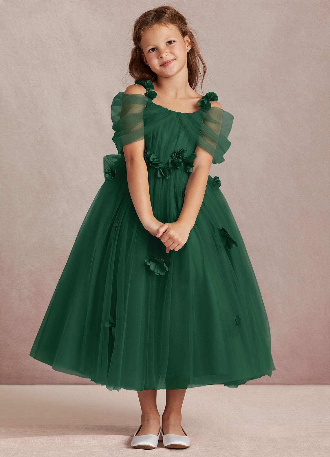 Azazie Shaylee Flower Girl Dresses Dark Green A-Line Off the Shoulder Tulle Dress image1