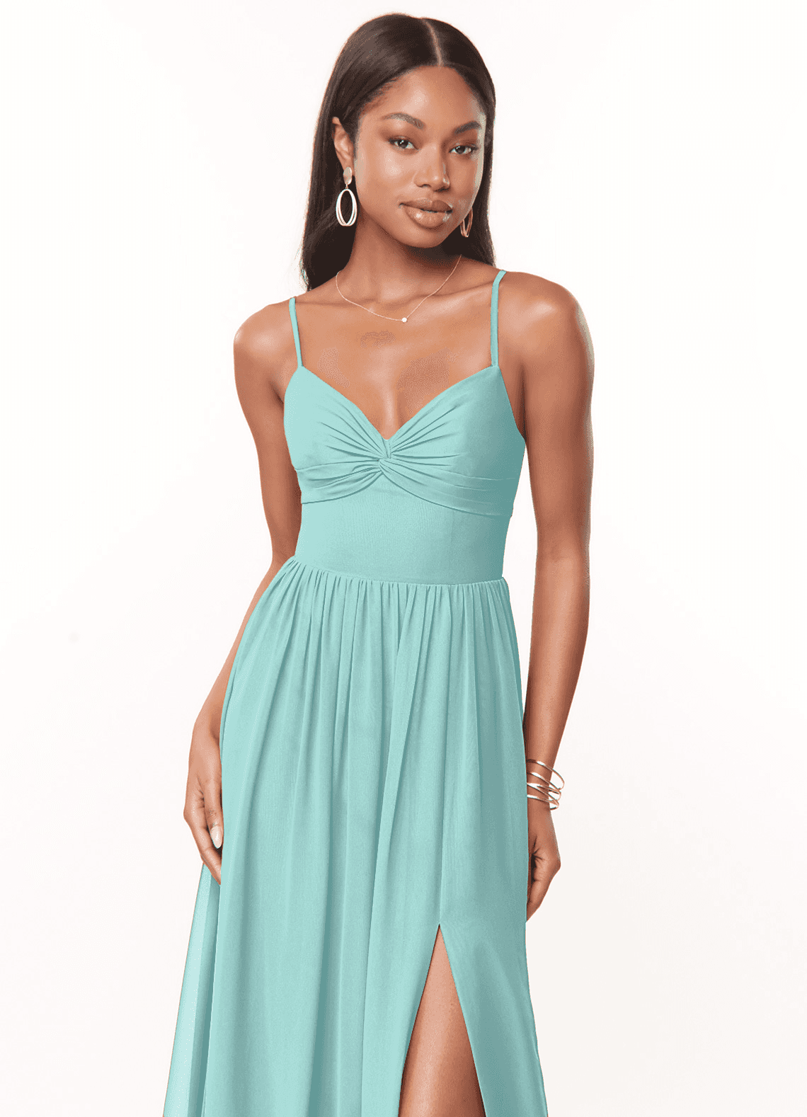 Azazie Zeya Bridesmaid Dresses Aqua A-Line V-Neck Pleated Chiffon Dress image4