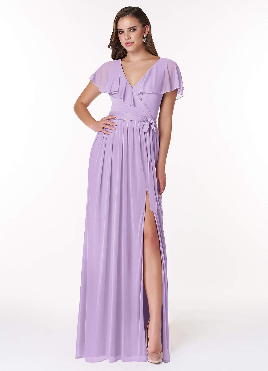 Azazie Jael Bridesmaid Dresses Lilac A-Line V-Neck Mesh Dress image1