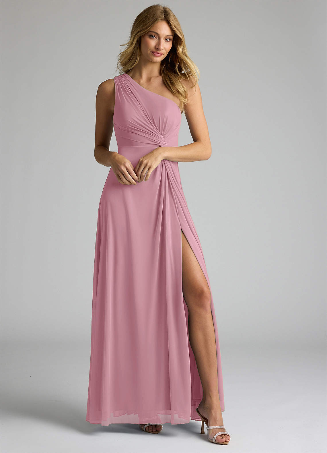 Azazie Brooke Bridesmaid Dresses Vintage Mauve A-Line One Shoulder Mesh Dress image1