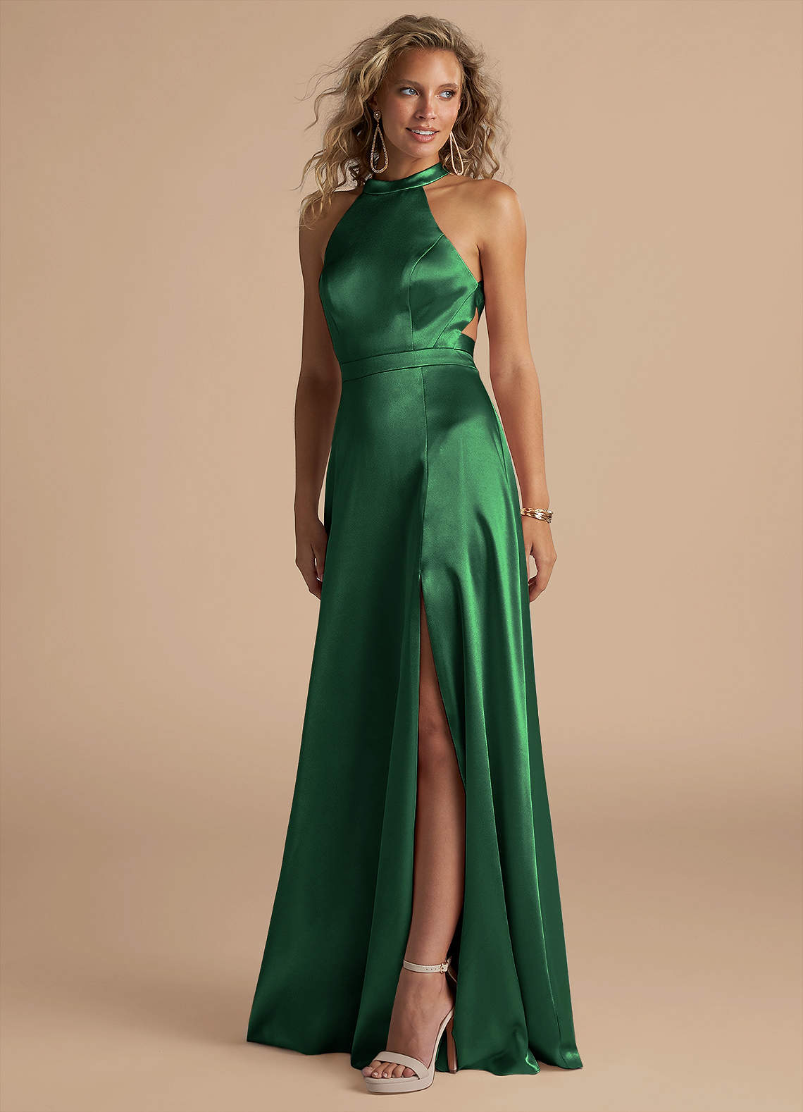 Azazie Clarice Bridesmaid Dresses Dark Green A-Line High Neck Metallic Satin Dress image1