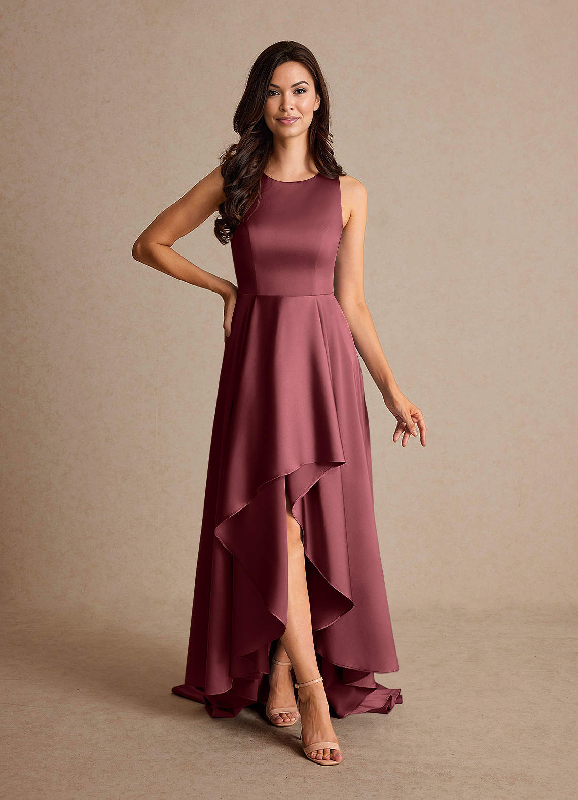 Azazie Niles Merlot A-Line Trains Stretch Satin Dress Ready to Ship | Azazie