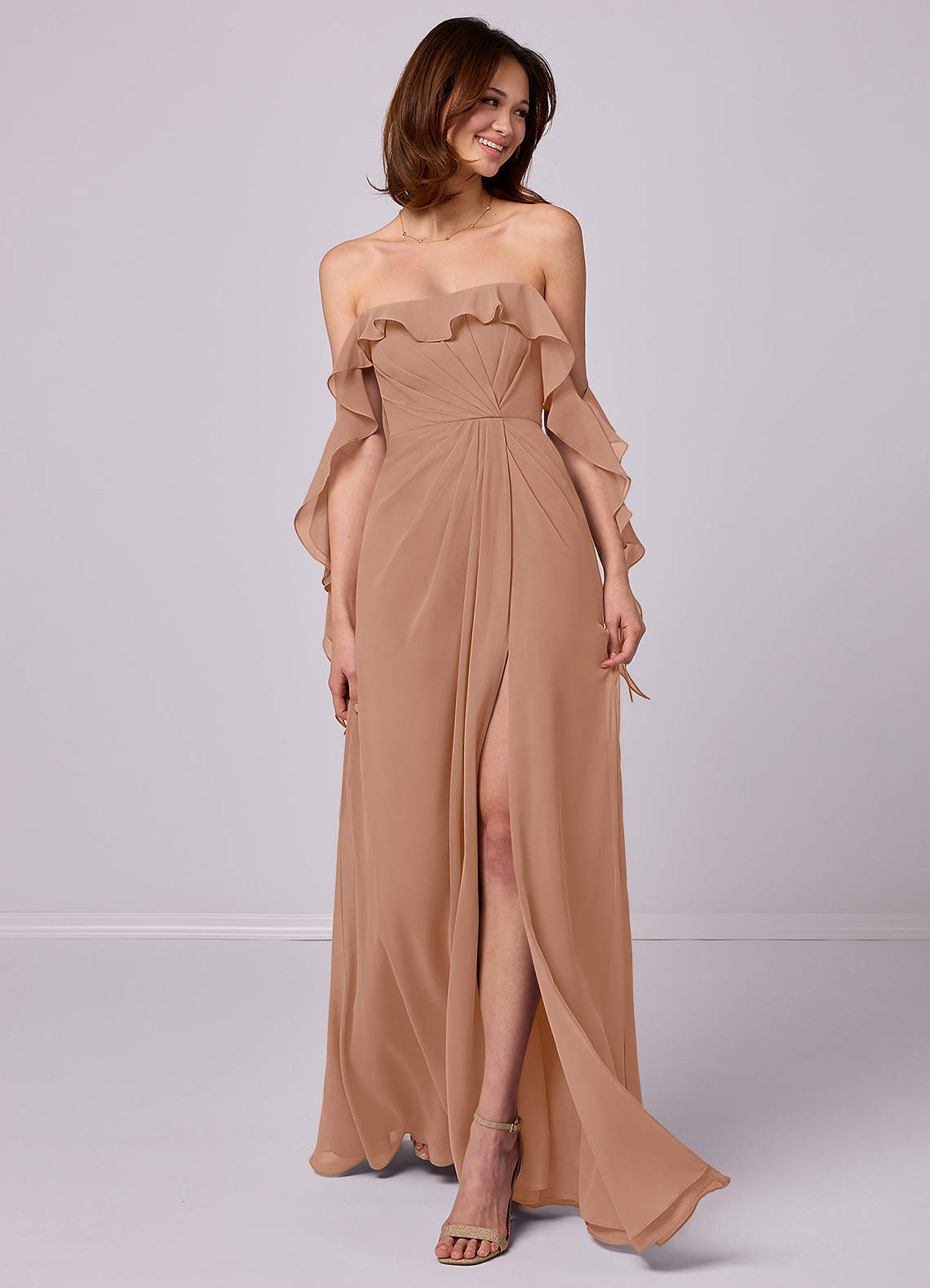 Barbie ♥ Azazie Bridesmaid Dresses Champagne Rose A-Line Off the Shoulder Chiffon Convertible Dress image1