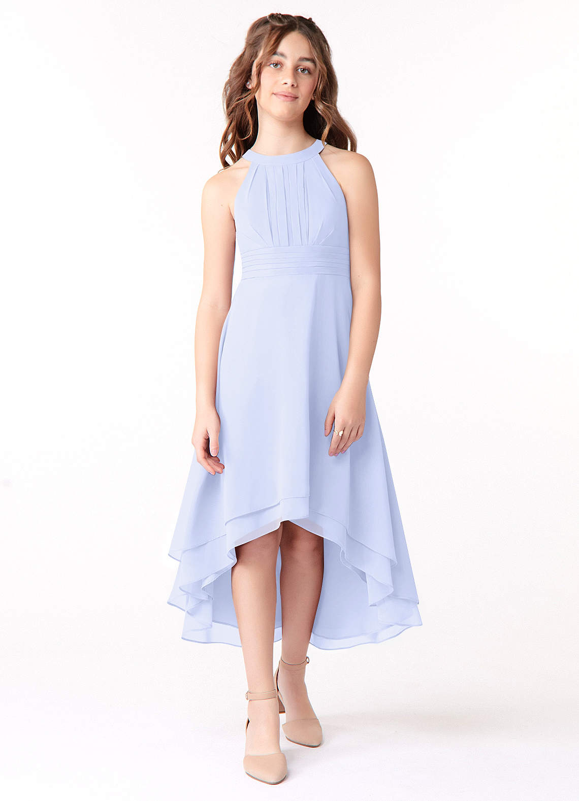 Azazie Linna Junior Robe Trapèze en Mousseline de soie Plissée Lavande image1