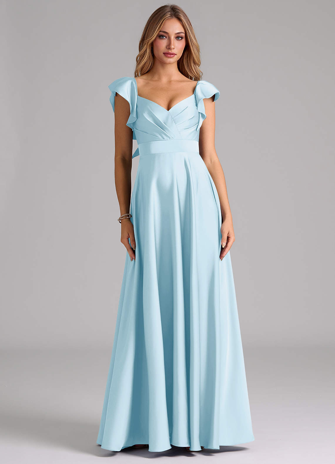 Azazie Leilani Bridesmaid Dresses Sky Blue A-Line Ruched Stretch Satin Dress image2