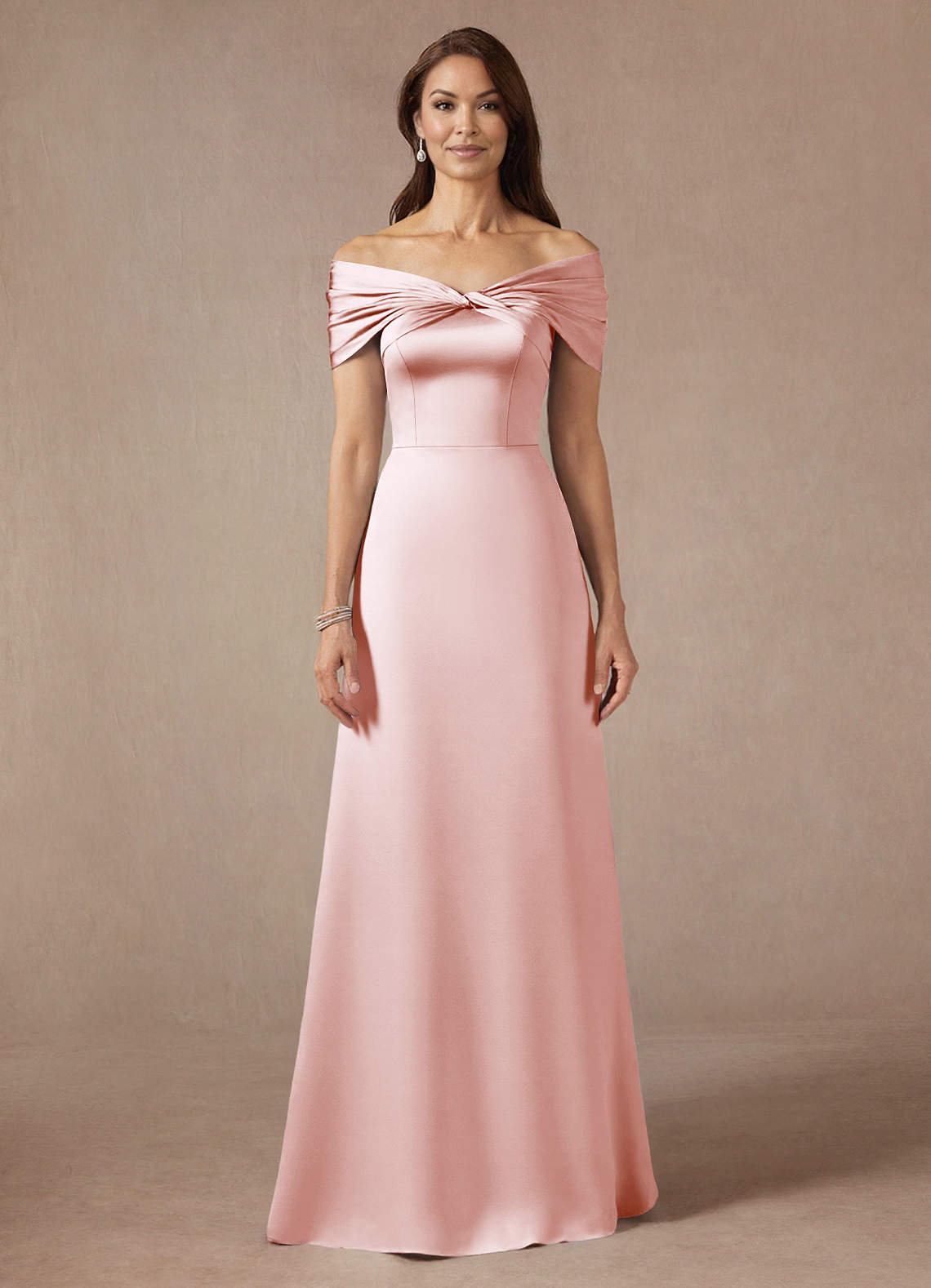 Azazie Amelia Mother of the Bride Dresses Blushing Pink A-Line Off the Shoulder Stretch Satin Dress image2