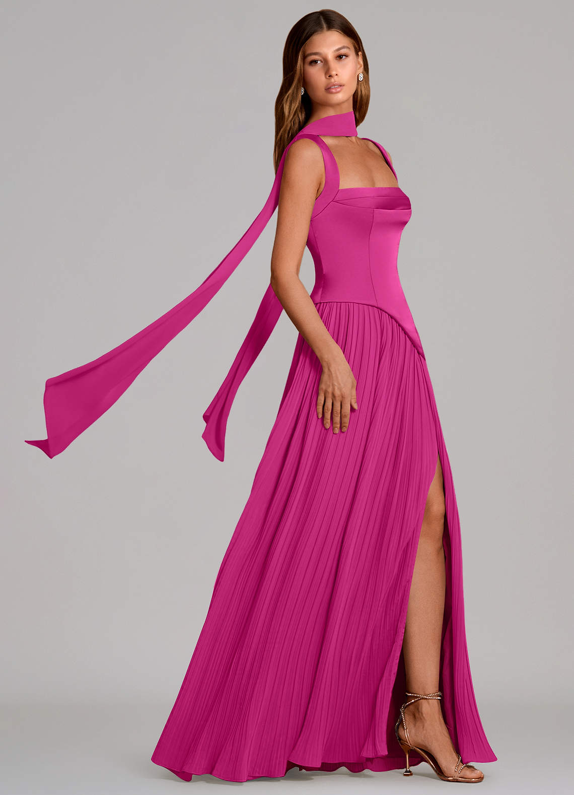 Azazie Stephanie Vestidos de damas de honor Vestido de Fucsia de Satén Elástico de Corte en A con Plisado image2