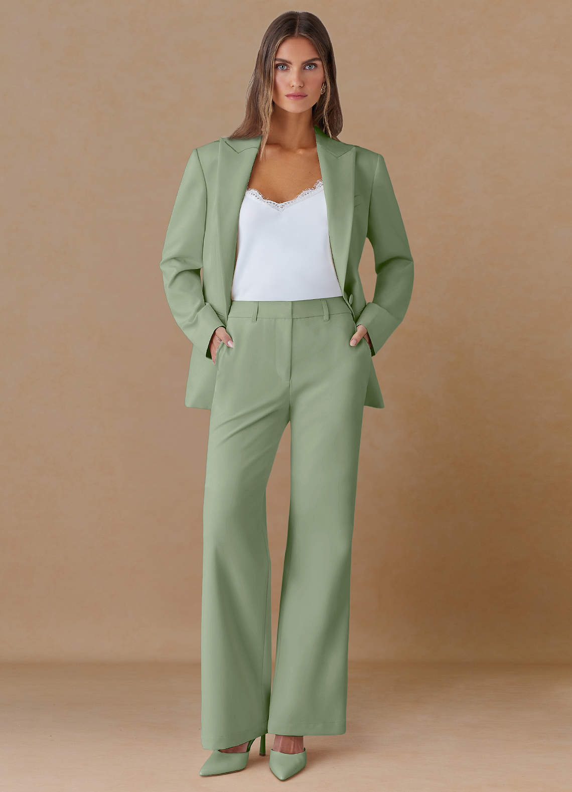 front Marina Dusty Sage Refined Weave Straight-Leg Pants