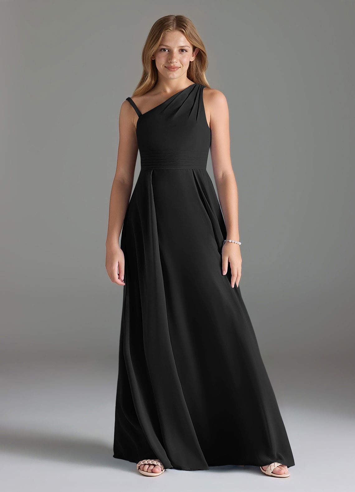 Azazie Dallas Junior Vestido de Negro de Gasa de Corte En A con Plisado image1