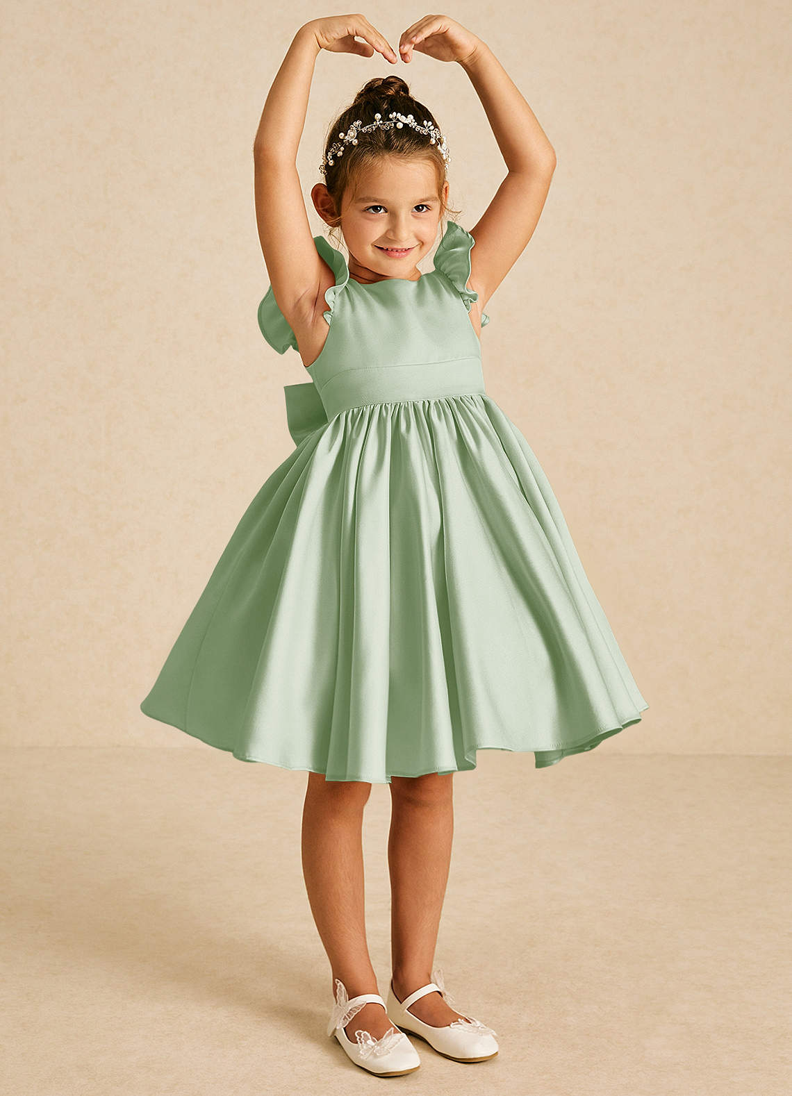Azazie Tootsie Robe Demoiselle D'honneur Fillette Robe Trapèze en Mat Satiné Arc Vert Sauge image1