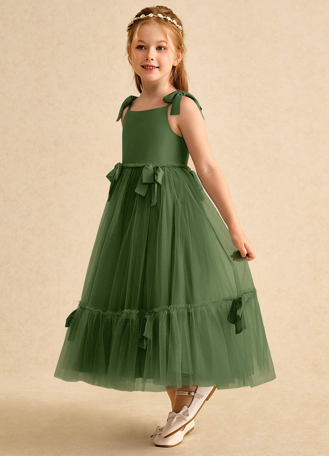 Azazie Jaci Robe Demoiselle D'honneur Fillette Robe Trapèze en Mousseline de soie Bretelle Spaghetti Olive image1