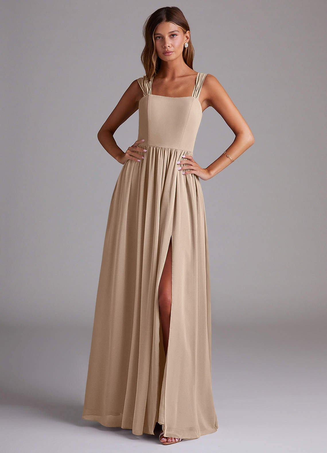 Azazie Calianna Bridesmaid Dresses Taupe A-Line Off the Shoulder Chiffon Convertible Dress image1