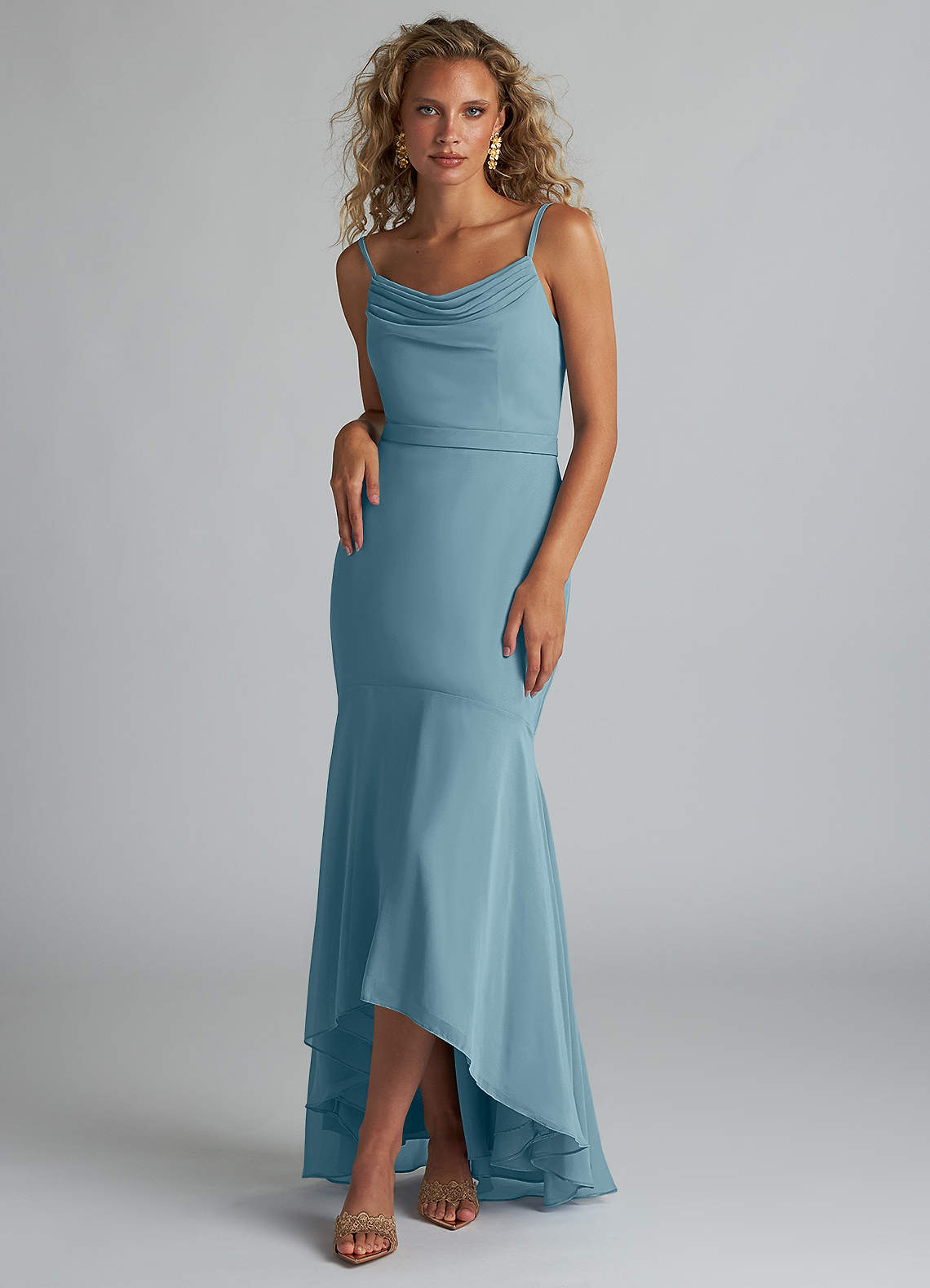 Azazie Summer Bridesmaid Dresses Moody Blue Mermaid Scoop Cowl Chiffon Dress image1