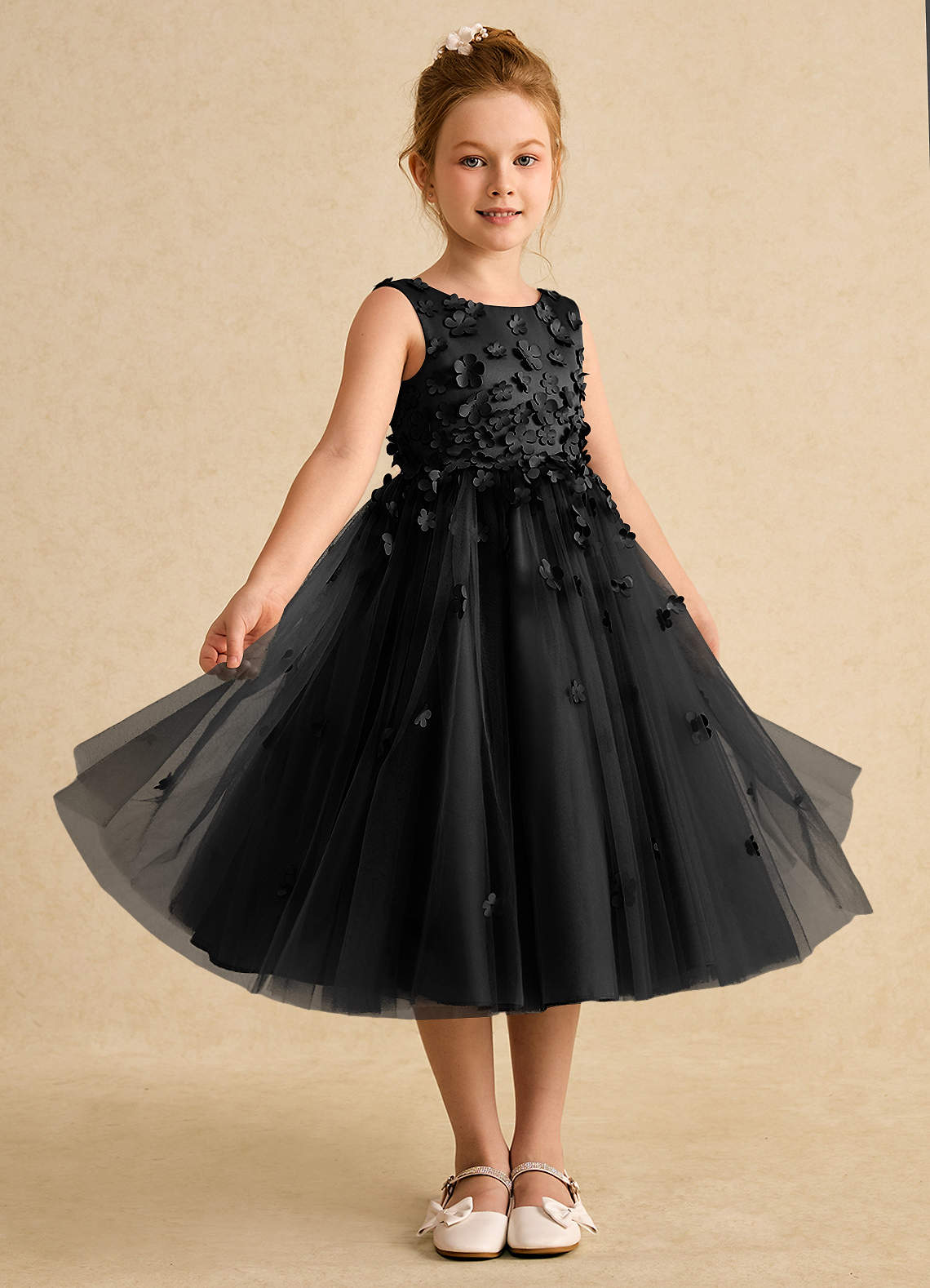 Azazie Lana Vestidos de florista Vestido Preto de Cetim fosco de Linha A com Sem mangas image4