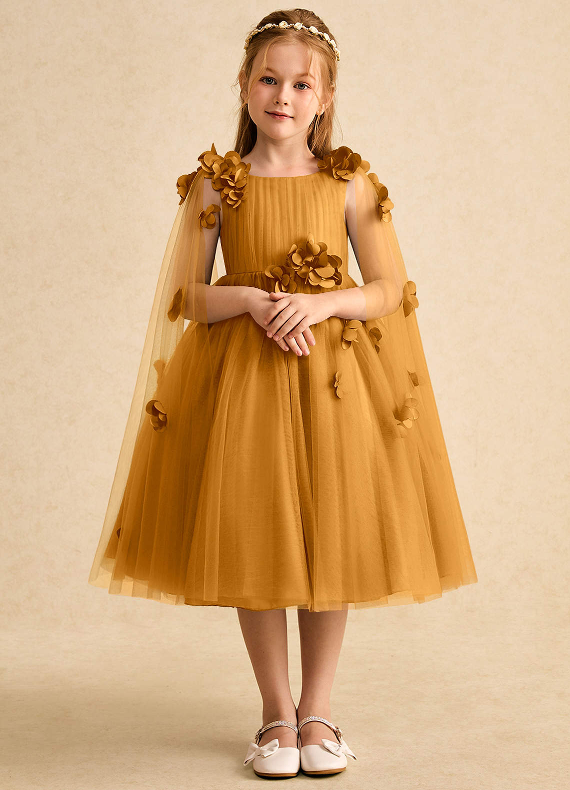 Azazie Staria Flower Girl Dresses Butterscotch Ball-Gown Ruched Tulle Dress image1