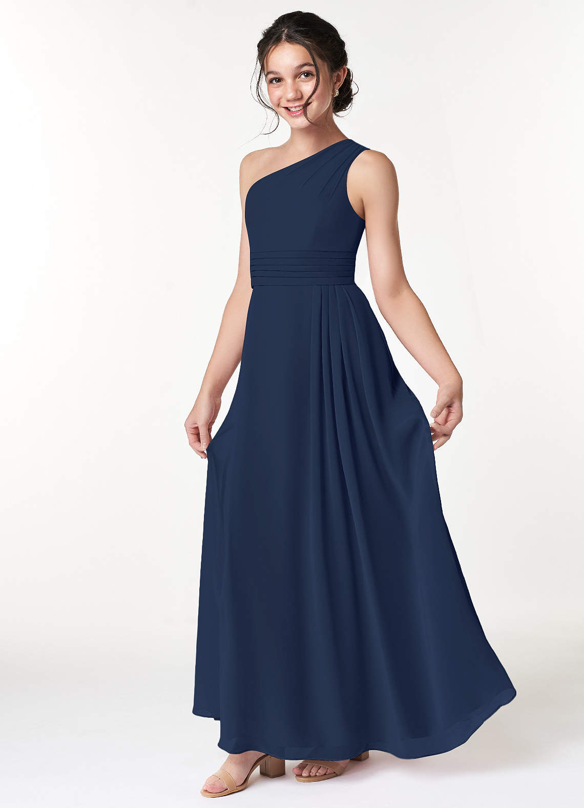 Azazie Cleo Junior Dark Navy A-Line Pleated Chiffon Dress image1