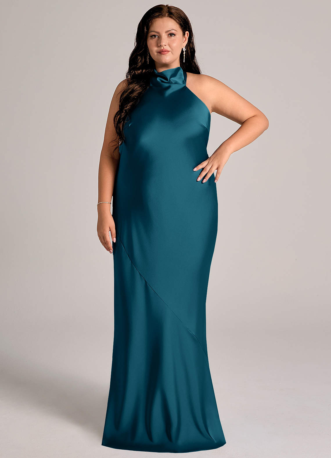 Azazie Velli Bridesmaid Dresses Ink Blue Mermaid High Neck Stretch Satin Dress image1
