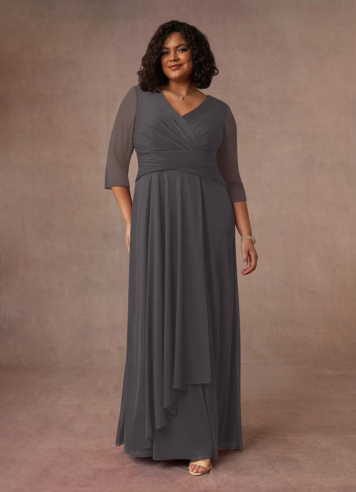 Azazie Annetta Steel Grey A-Line V-Neck Pleated Mesh Dress | Azazie