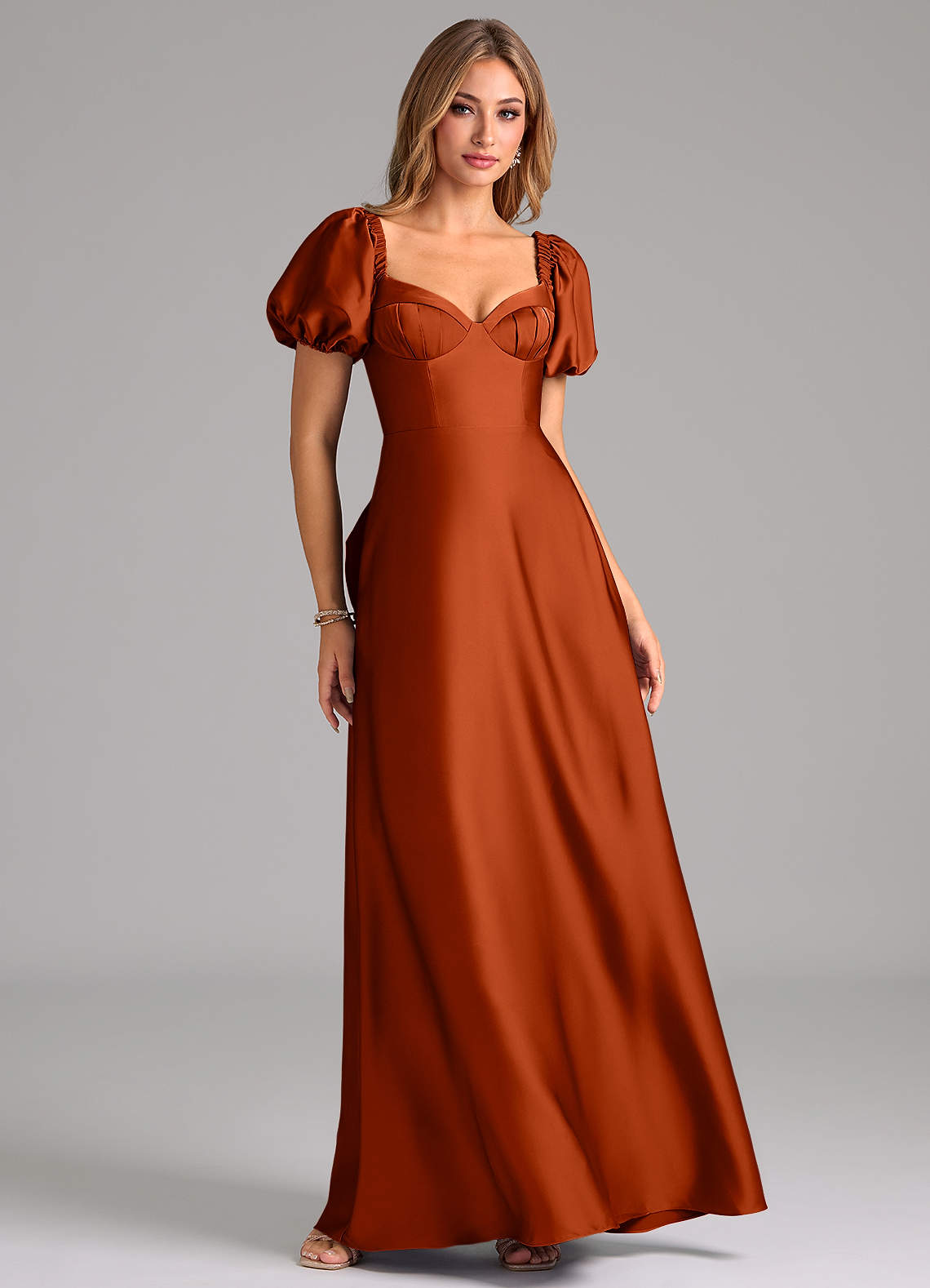 Azazie Fatima Bridesmaid Dresses Paprika A-Line Pleated Stretch Satin Dress image1