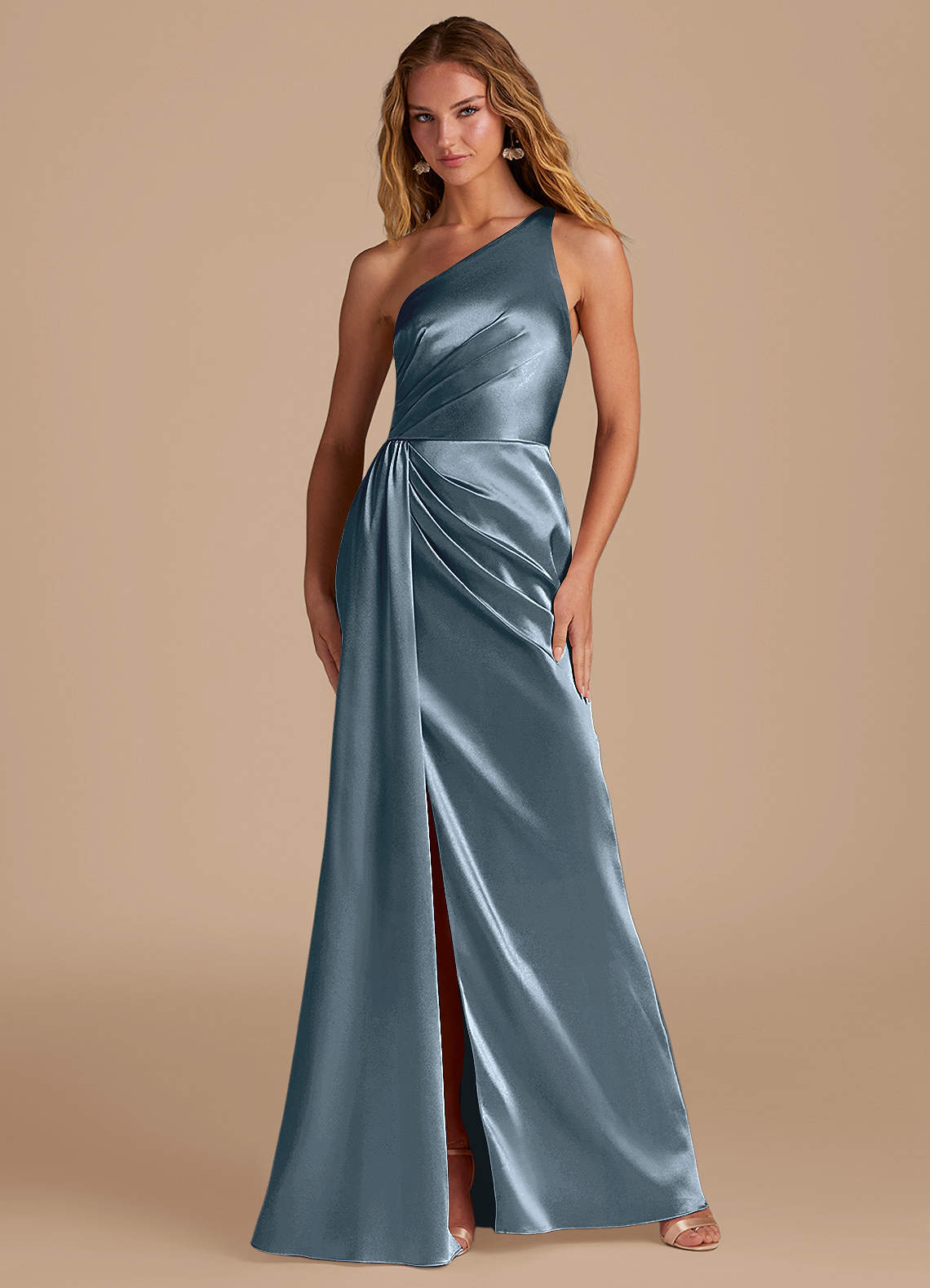 Azazie Mika Bridesmaid Dresses Twilight Sheath One Shoulder Metallic Satin Dress image1