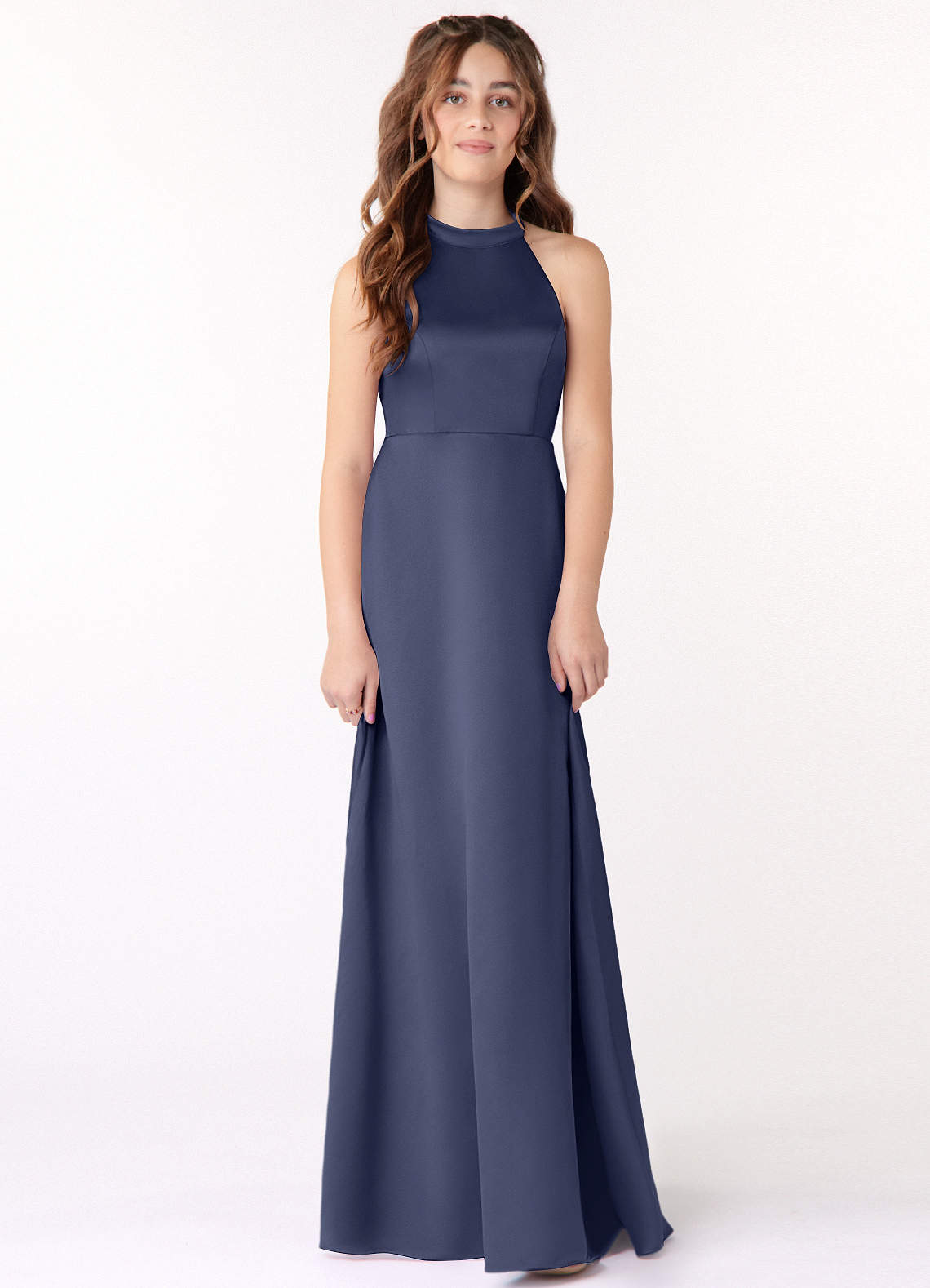 Azazie Laurel Junior Robe Trapèze en Mat Satiné Bleu Orageux image1