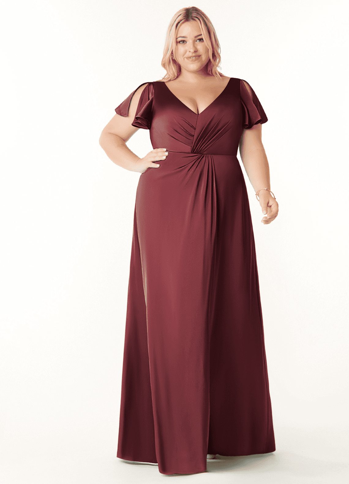 Azazie Soren Bridesmaid Dresses Merlot A-Line Pleated Stretch Satin Dress image1