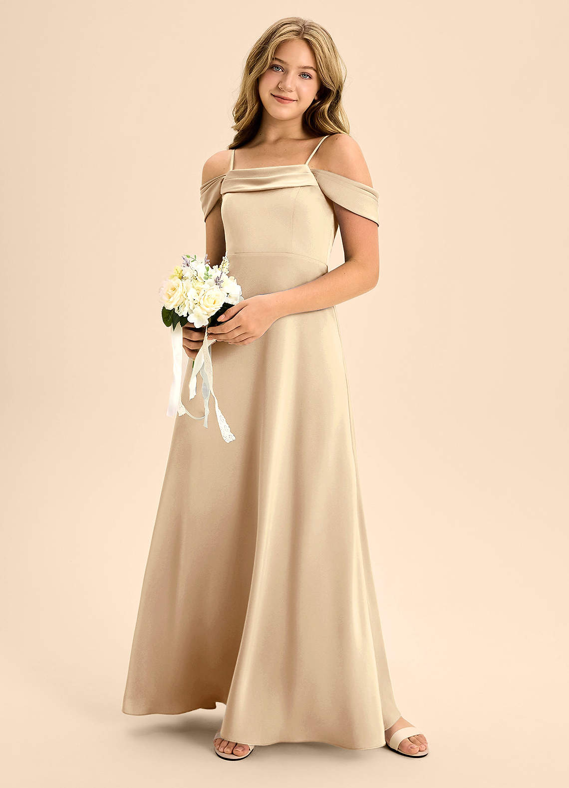 Azazie Anselie Junior Champagne A-Line Off the Shoulder Stretch Satin Dress image1