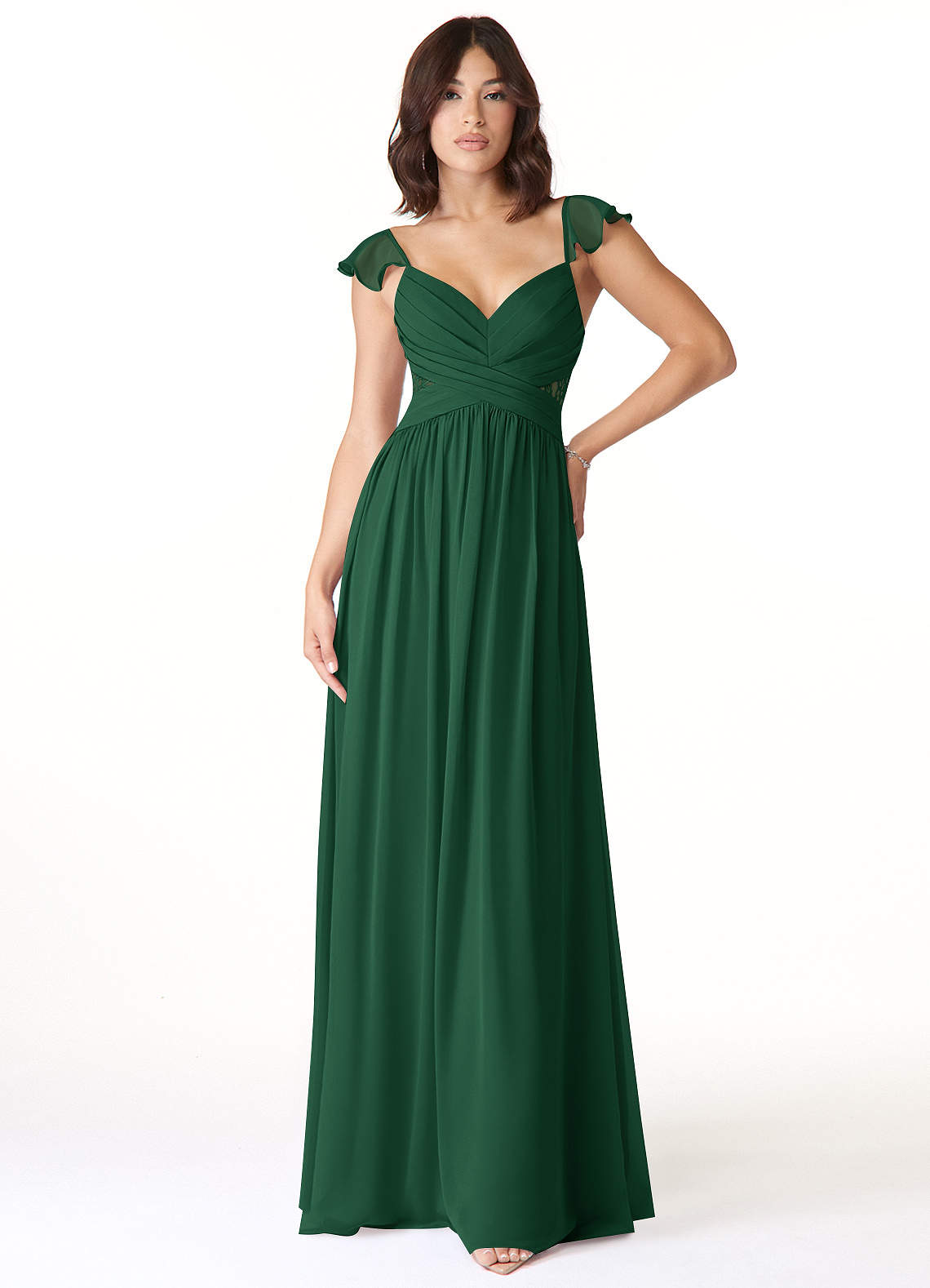 Azazie Lissa Bridesmaid Dresses Dark Green A-Line Lace Chiffon Dress image1