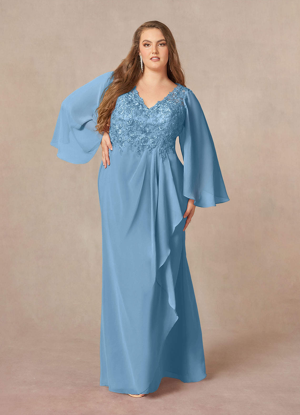 Azazie Perry Mother of the Bride Dresses Steel Blue Mermaid V-Neck Lace Chiffon Dress image6